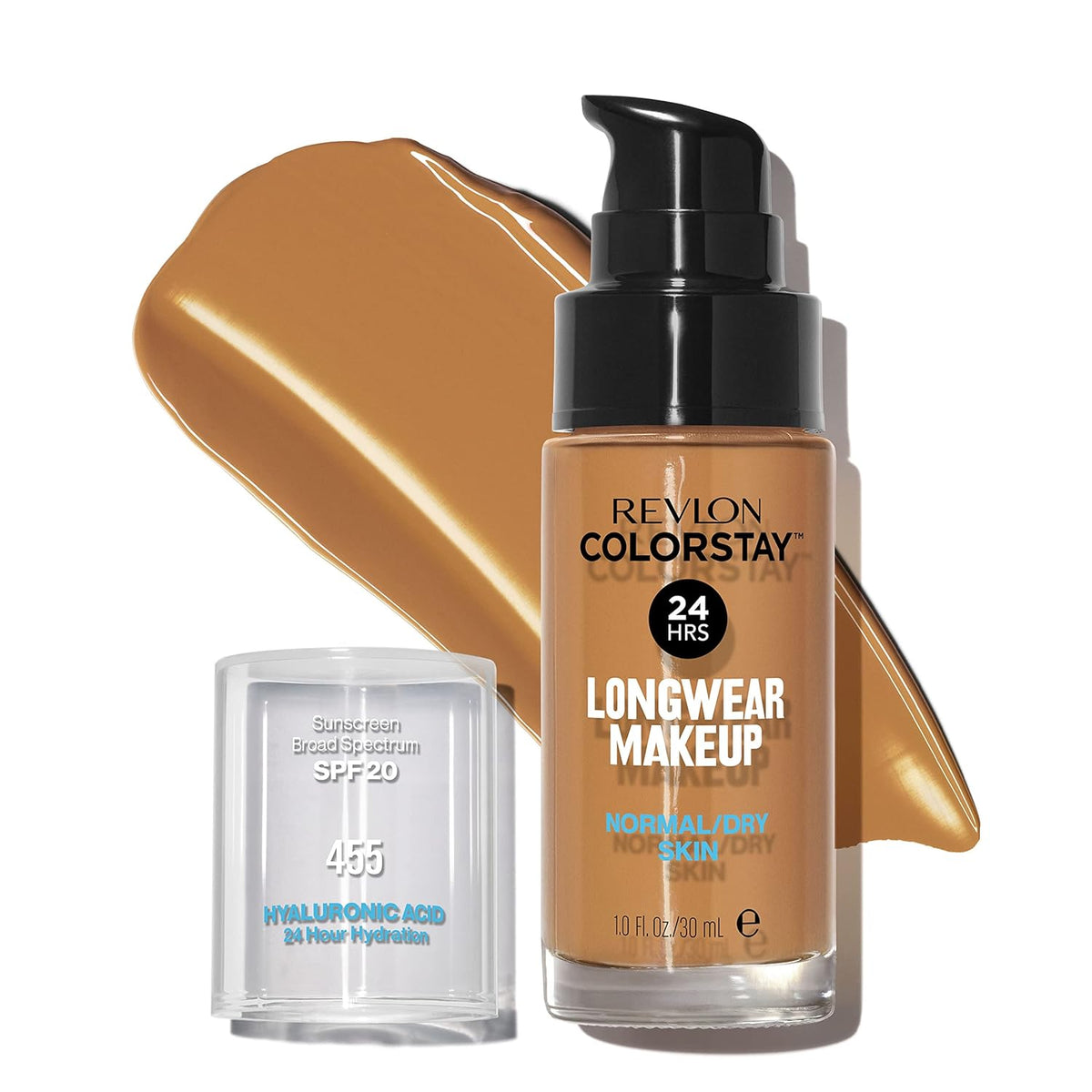 Revlon Liquid Foundation, ColorStay Face Makeup for Normal & Dry Skin, SPF 20, Longwear Medium-Full Coverage with Natural Finish, Oil Free, 455 Honey Beige, 1 Fl Oz