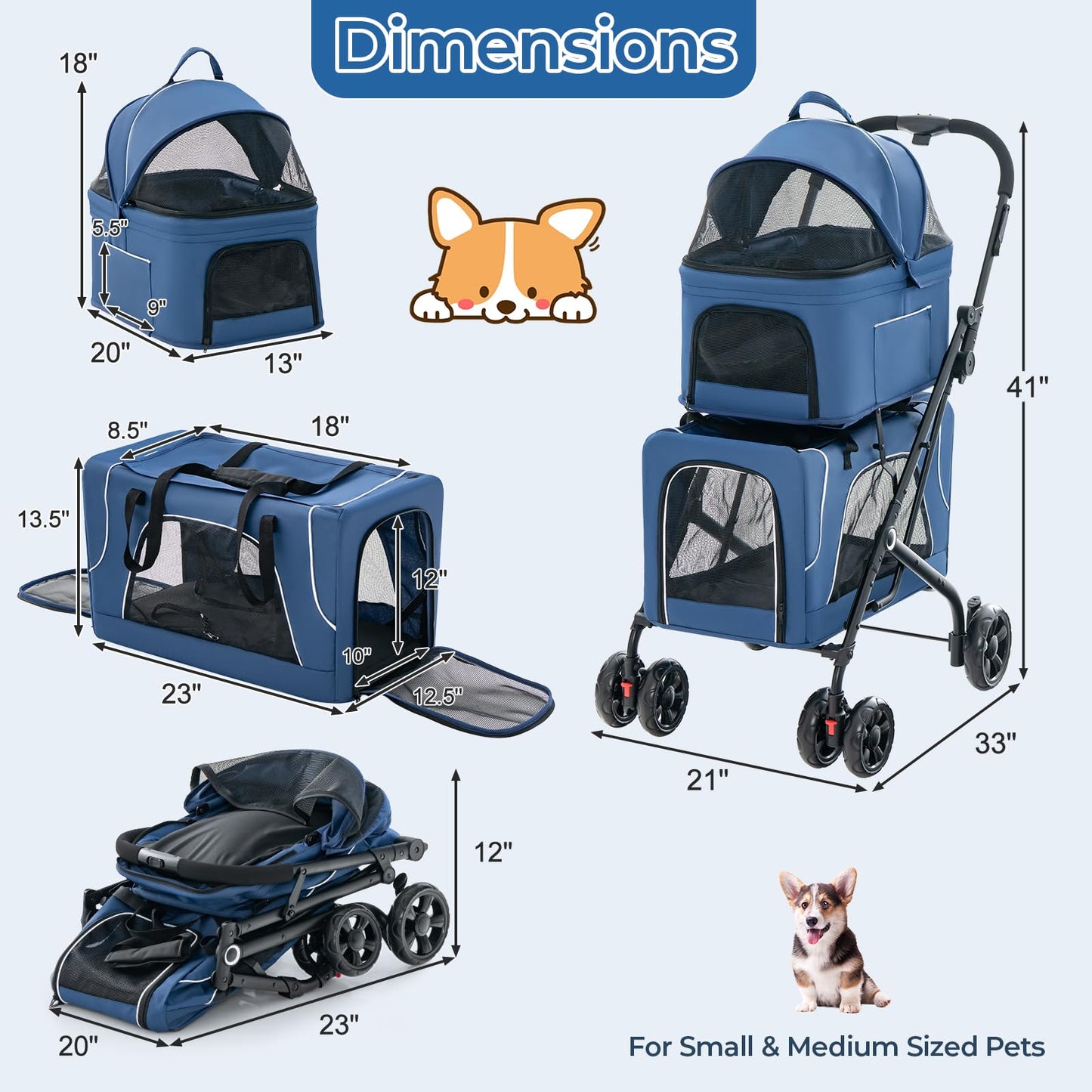 Giantex Double Dog Stroller for 2 Dogs, Detachable Carriers, Safety Belt, 4 Lockable Wheels, Pet Travel Carrier Strolling Cart, Folding Cat Stroller for Small Medium Pets Dogs (Blue)