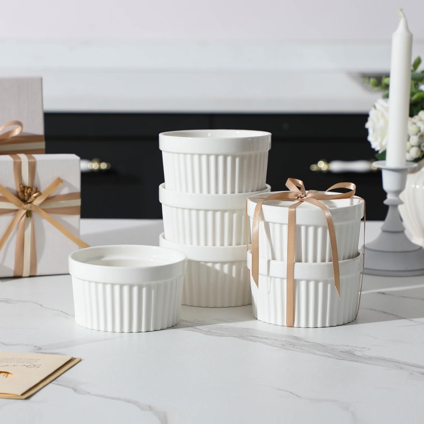 MALACASA Ramekins 12 oz Oven Safe, Porcelain Creme Brulee Ramekins Pudding Custard Cups Large Ceramic Souffle Dishes Ramakan Ramiken Ramicans Baking Bowls Set of 6, White, Series RAMEKIN-DISH