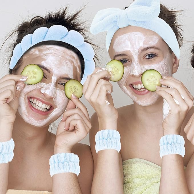 Semato Spa Headband and Wristband Set Skin Care Headband Fluffy Bow Face Wash Headband Hair Accessories Bubble Sponge Spa Headband for Women and Girls (blue)