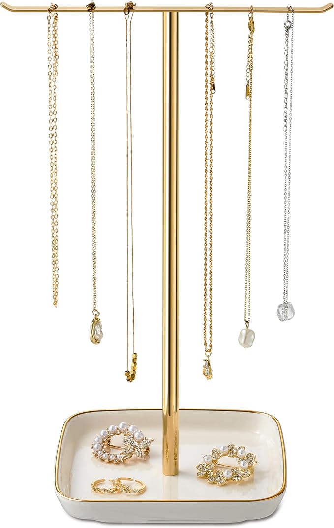 Jewelry Holder Stand with Ceramic Base: 12" Tall Necklace Organizer Rack, Tree Design Display Storage for Necklaces, Bracelets, Rings, Earrings, Aesthetic Room Décor for Girls and Women, Gold