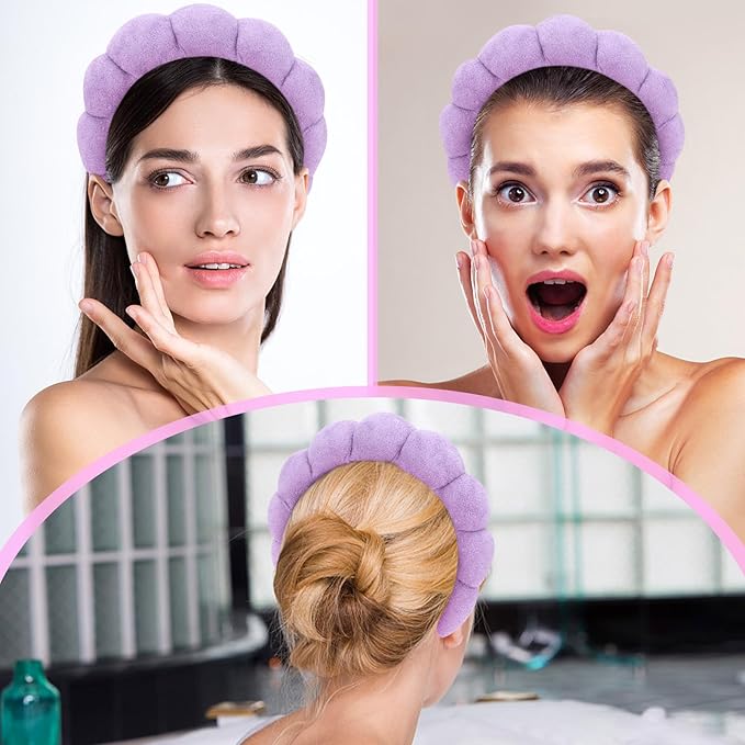 Women Spa Headband, Purp1e - Soft & Comfy Spongy Hairband for Washing Face, Makeup, Skincare, Yoga, Sports, Unique Fluffy Design for Her