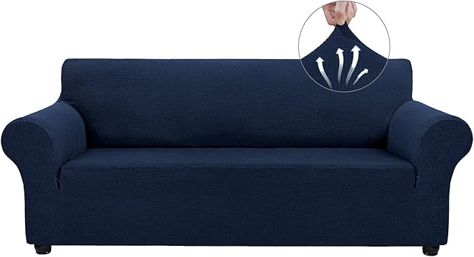 Asnomy Couch Covers for 3 Cushion Couch Stretch Sofa Covers Slipcovers, Pet Protector Furniture Covers for Dogs Cats Spandex Jacquard Fabric Small Checks （X-Large， Navy Blue）