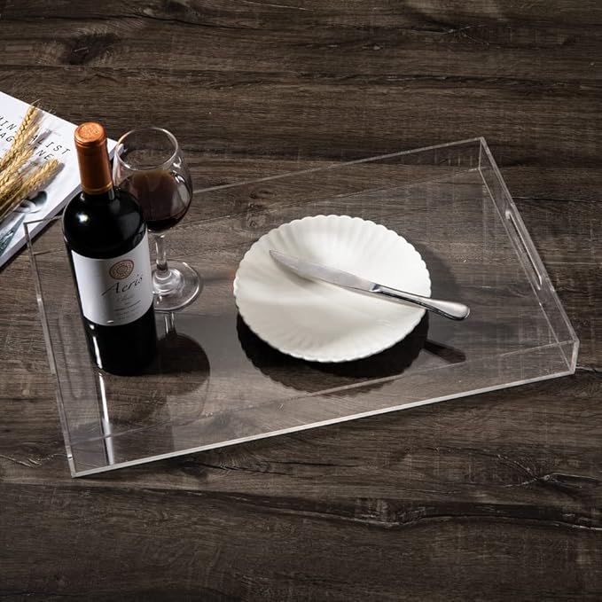 Sooyee Clear Acrylic Tray Decorative,16" x 12" Plastic Serving Trays for Coffee Table,Kitchen,Bathroom,Food,Vanity Countertop,Large Ottoman Tray with Handles