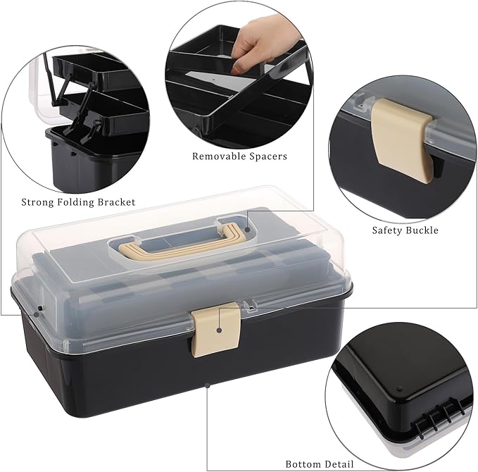 BTSKY 3-Layer Plastic Dividing Storage Box Craft Organizer with Adjustable Spacers Portable Handled Art Supply Organizer Multipurpose Home Utility Box for Sewing (Black+Beige)