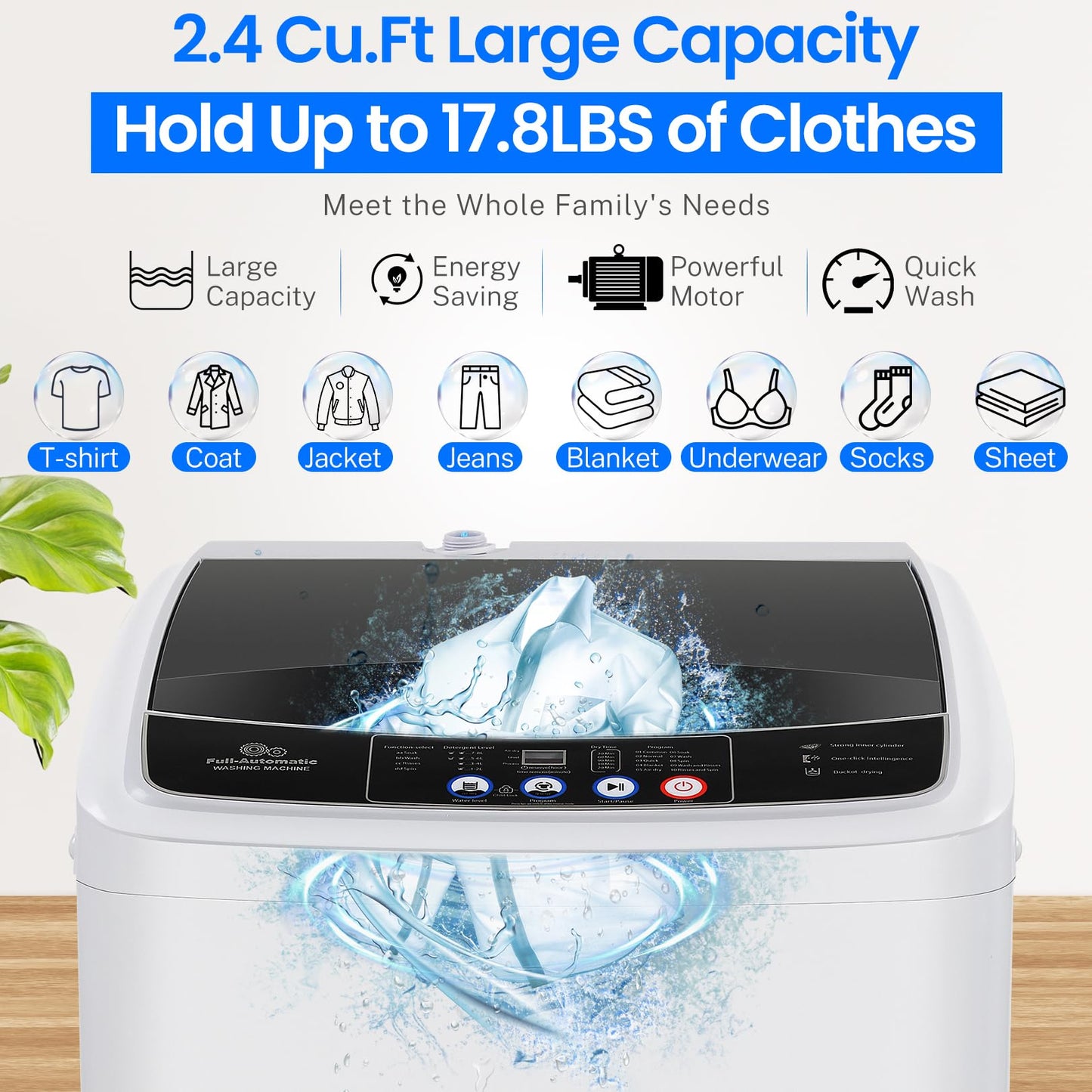 Nictemaw Portable Washing Machine 17.8Lbs Portable Washer 2.4 Cu.ft Full Automatic Compact Laundry Washer with 10 Programs 8 Water Levels, Built-in Drain Pump, Energy Saving for Apartment Home RVs