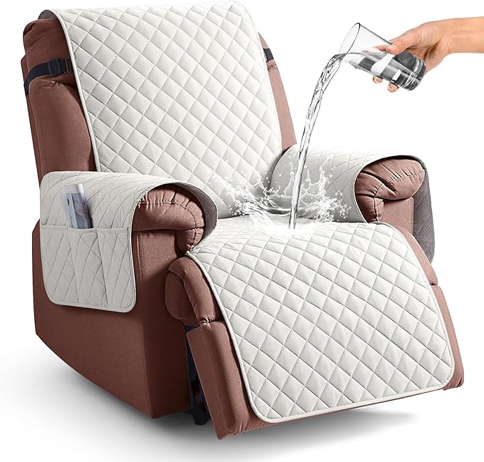 KinCam 100% Waterproof Recliner Chair Cover, Reclining Couch Covers for Pets, Dogs, Recliner Couch Slipcover Furniture Protector with Elastic Straps for Kids(28", Beige White)