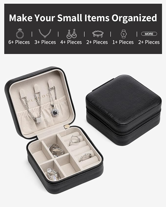 VLANDO Travel Jewelry Box, Small Jewelry Travel Organizer Case for Girls Women - Black