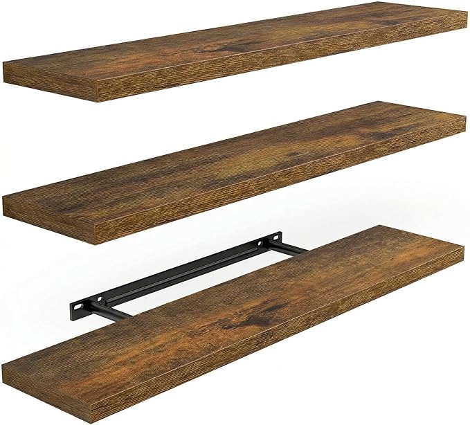 AMADA HOMEFURNISHING 23.6" L Floating Shelves, Wall Shelves Set of 3 for Bathroom/Living Room/Bedroom/Kitchen, Floating Shelves for Wall Decor with Invisible Brackets - AMFS44V, Rustic Brown