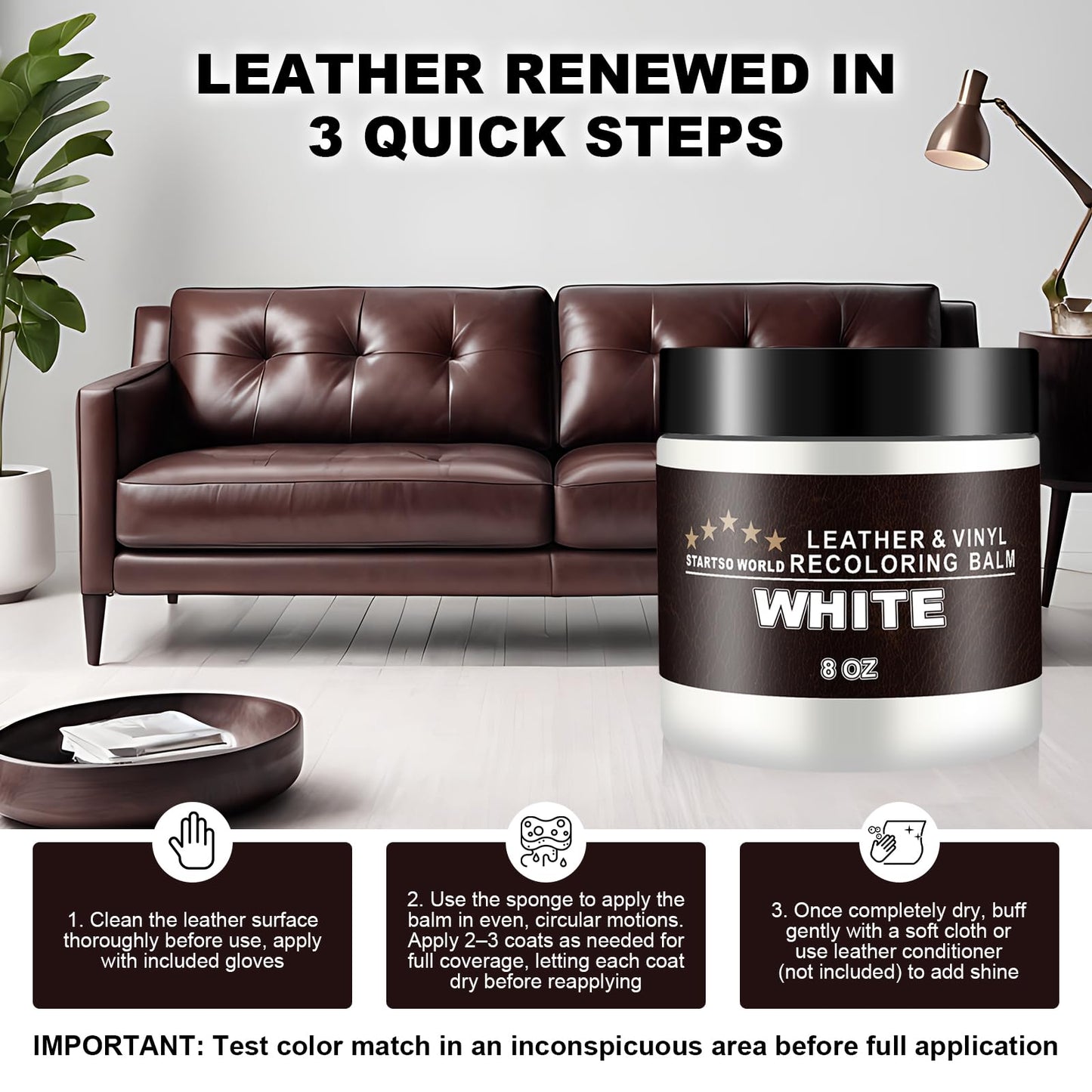 STARTSO WORLD Leather Recoloring Balm - Repair Kit for White Furniture and Car Seats | Scratch Remover, Restores Faded Leather