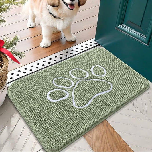 OLANLY Dog Door Mat for Muddy Paws 24x16, Paw Print Design, Absorbs Moisture and Dirt, Non-Slip Washable Doormat, Quick Dry Chenille Mud Mat for Dogs, Entry Indoor Entryway Carpet, Sage Green