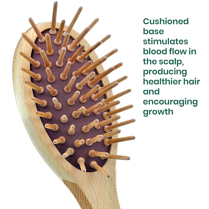 Giorgio Eco Friendly Wooden Bristle Hairbrush - Small Detangling Brush and Hair Growth Brush for Thick or Long Hair - Oval Paddle Hair Brush Made with Anti Static Beechwood, Silicone Massage Cushion