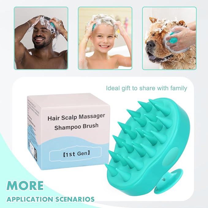 FREATECH Massager Shampoo Brush with Soft Silicone Bristles for Scalp Care, Shower Hair Scalp Scrubber Exfoliator for Dandruff Removal and Hair Growth, Wet & Dry for Men, Women and Kids, Green
