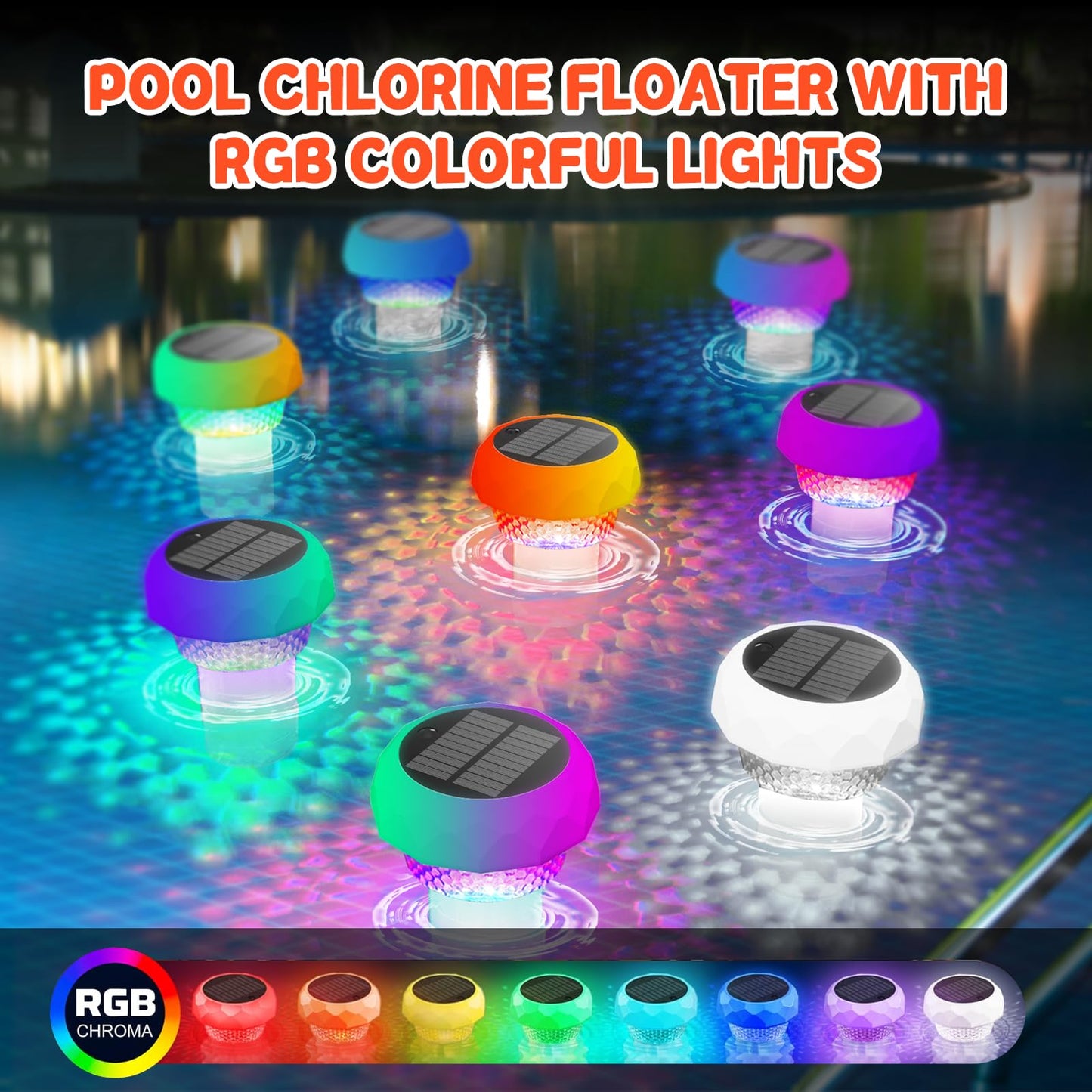 2025 Upgrade Solar Pool Chlorine Floater, Pool Lights that Float with Remote Control, 8 Lighting, Timing Mode, IPX68 Waterproof for Inground Pool, Pool Party