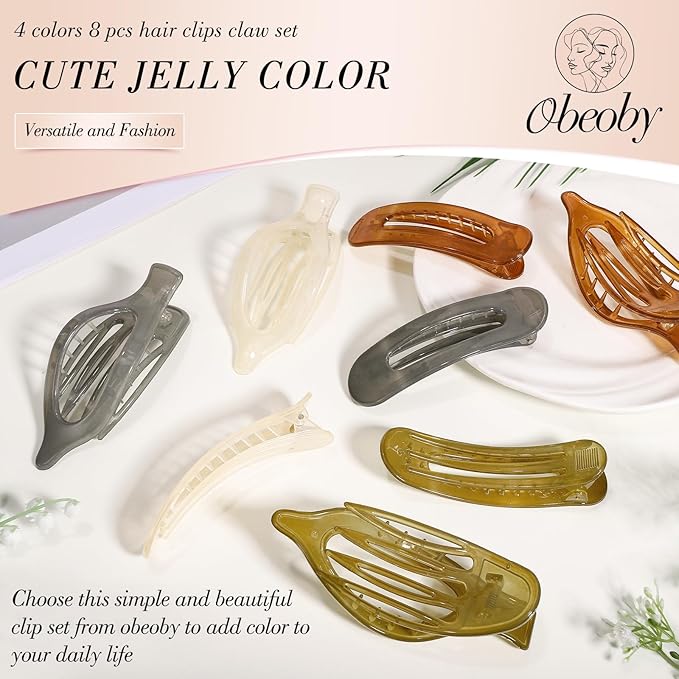 8 PCS Flat Hair Clips, 4 Colors Flat Claw Clips 2 Styles Hair Claws for Women Girls Medium Hair Volume