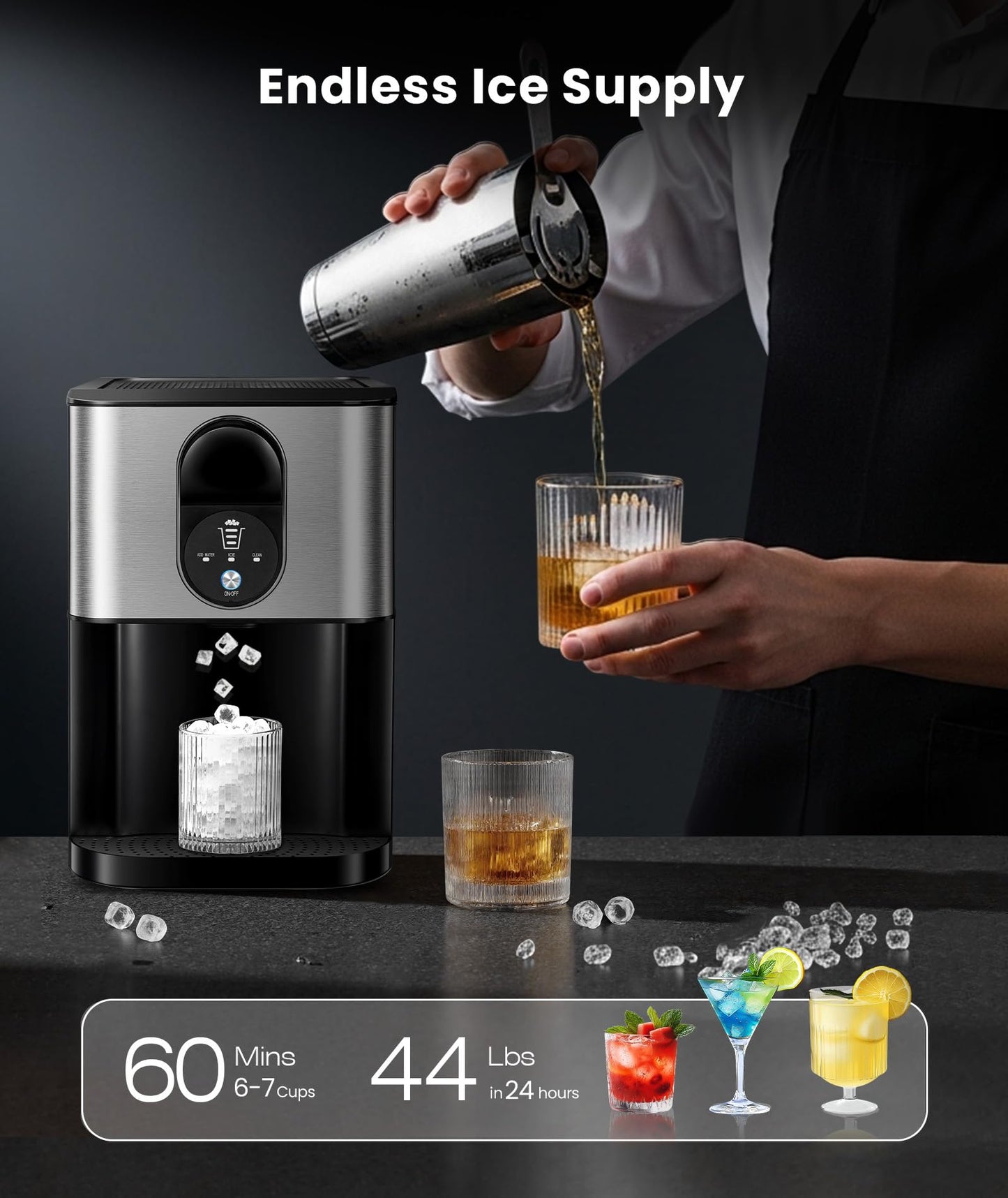 Cowsar Nugget Ice Maker Countertop, 44lbs/24H Soft Chewable Pellet Ice Machine with Dispenser, Self-Cleaning, 2.4L Removable Water Tank, One-Click Operation, Ideal for Home/Kitchen/Bar/Office, Silver