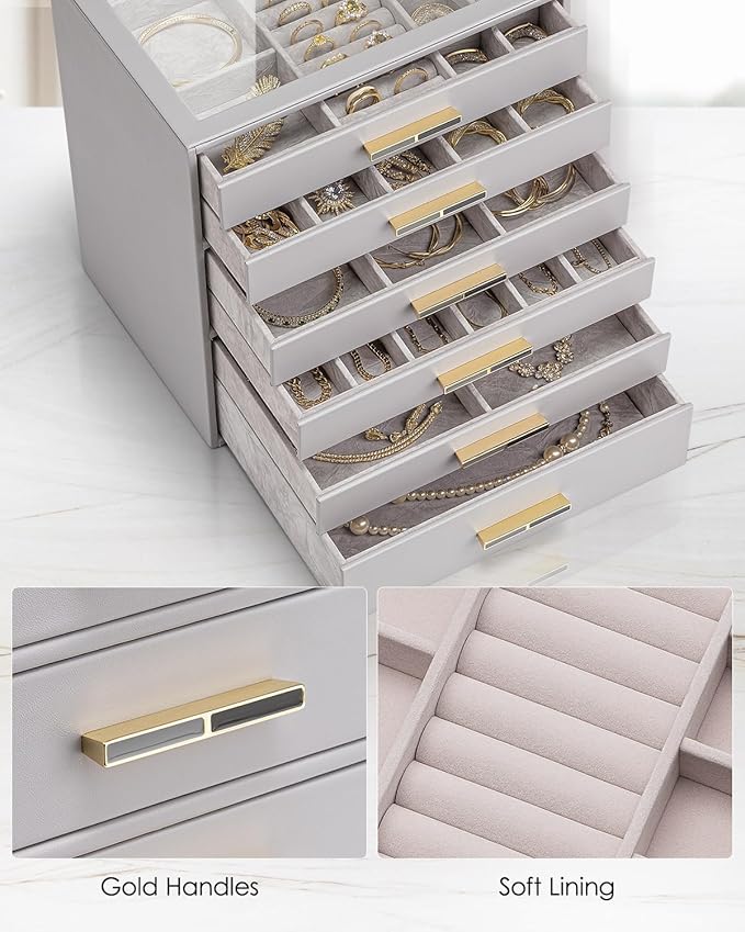 Vlando 6 Layer Jewelry Box for Women, Glass Lid Jewelry Organizer with 6 Drawers for Necklaces Rings Earrings Bracelets - Grey