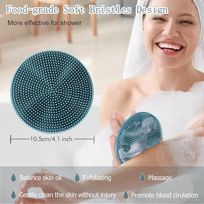 INNERNEED Food-Grade Soft Silicone Body Scrubber Shower Brush, with Scalp Massager Shampoo Brush, Wet & Dry Manual Scalp Care Hair Washing (Dark Green)