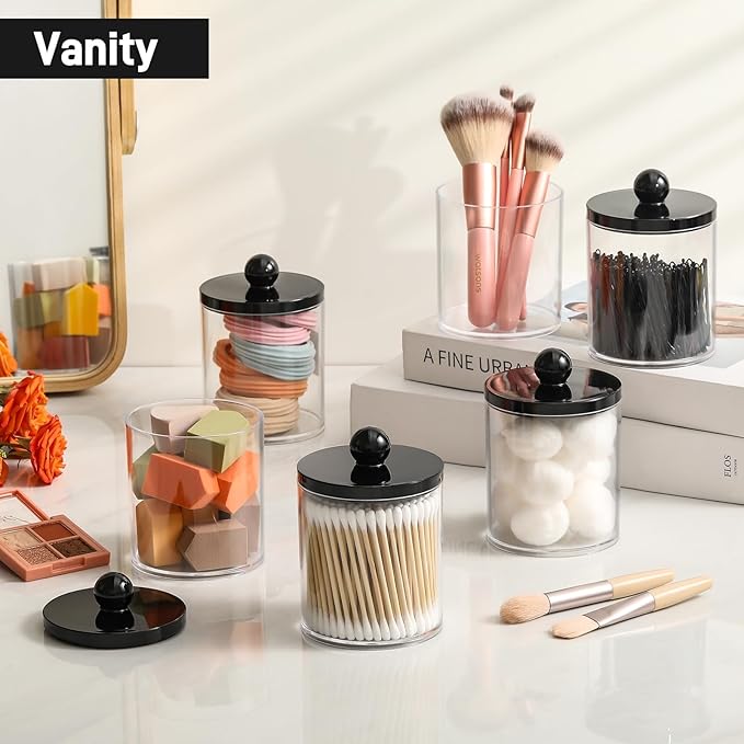 4 Pack Acrylic Qtip Holder Dispenser for Cotton Swabs, Balls, Pads, Floss - Plastic Canister Apothecary Jar Set, Bathroom Essentials Accessories Decor Vanity Makeup Storage Organizer - Clear & Black