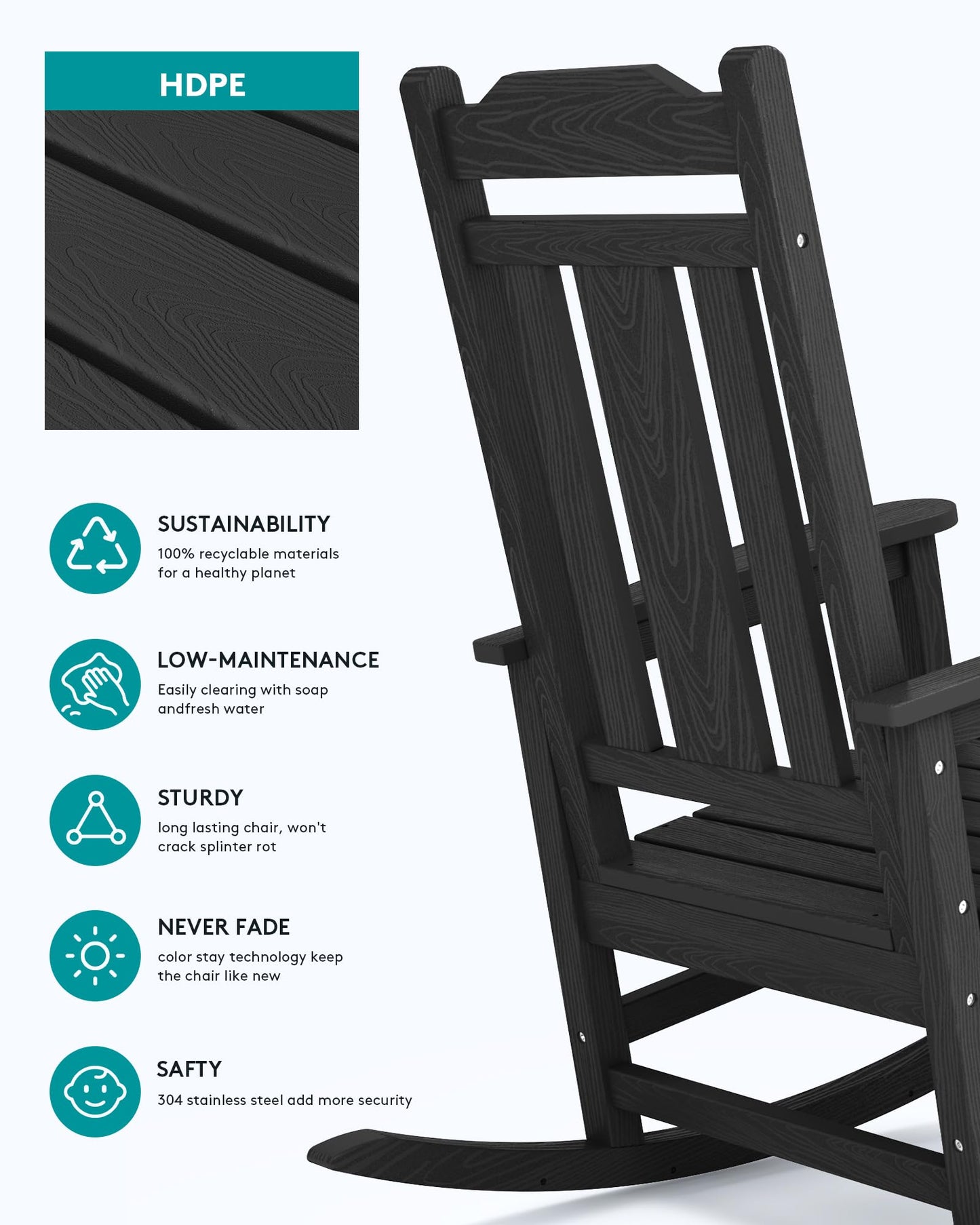 SERWALL HDPE Outdoor Rocking Chair for Adults, Outdoor Rocking Chairs Set of 6, Patio Rocking Chair Sets, Black