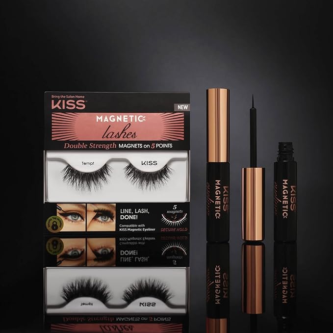 KISS Magnetic Lashes, Tempt, 1 Pair Synthetic False Eyelashes With 5 Double Strength Magnets, Wind Resistant, Dermatologist Tested Fake Lashes Last Up To 16 Hours, Reusable Up To 15 Times Black