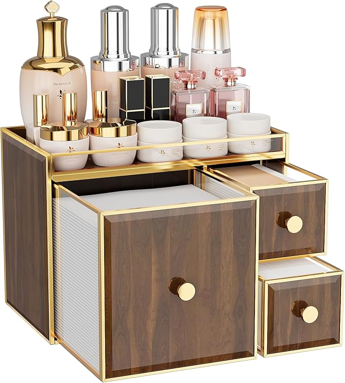 CoralHouse Tempered Glass Face Towel Holder with 3 Drawers, Bathroom Vanity Organizer for Disposable Face Towels, Cotton Pads, Swabs and Skincare