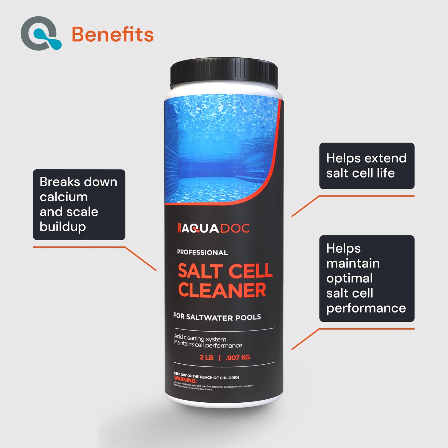 Salt Cell Cleaner for Saltwater Pools - Pool Salt Cell Cleaner Solution to Help Reduce Buildup and Support Generator Function - AquaDoc Pool Care Made in USA - 2lb