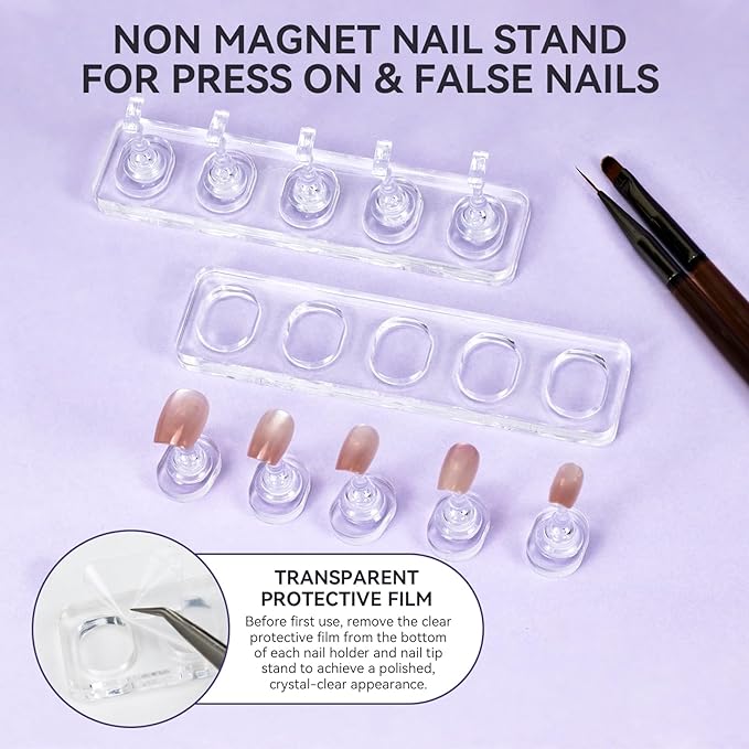 Non Magnet Nail Stand for Press On Nails Holder Painting Practice Display Fake Nails, Nail Tip Holders with Oval Stand Base for Handheld Diy Design & 200pcs Double-Sided Tapes Home Salon