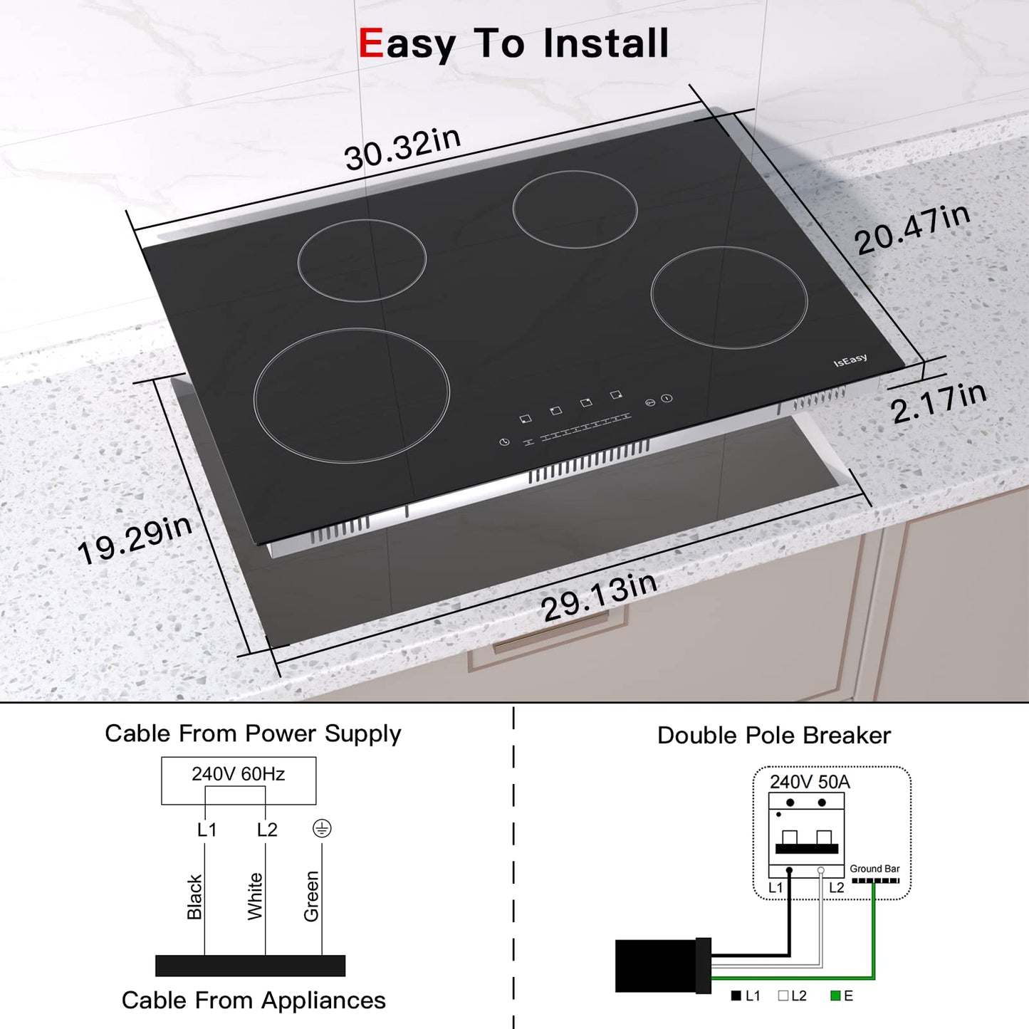 IsEasy 30 Inch Ceramic Electric Cooktop 4 Burner Built-In Electric Stove Top with Touch Sensor Control, 9 Power Levels, Timer, Child Safety Lock, 220-240V Glass Cooktop