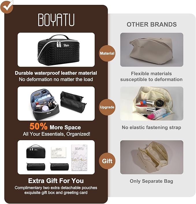 BOYATU Travel Makeup Bag Cosmetic Bags for Women: Large Capacity 3 Pcs Set Make up Bag with Compartments - Waterproof Vegan Leather Toiletry Organizer Bags with Handle (L03 Black)