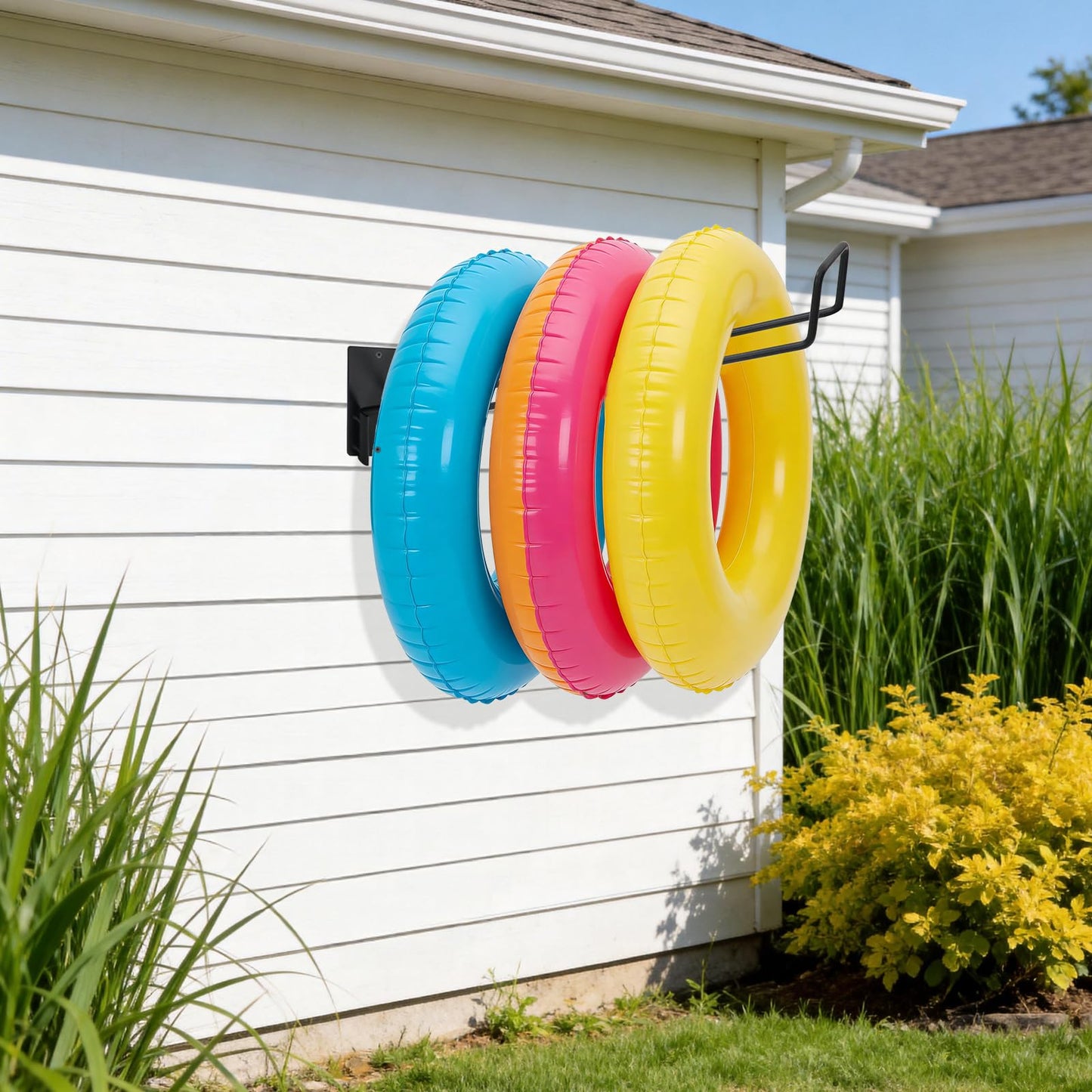3 Pcs Pool Float Storage Holder, 16.5 Inch Wall Mount Pool Float Organizer Storage Rack with Hangers for Swimming Ring, Towel, Tools & More Storage Indoor Outdoor Space-Saving (Oblique angle)