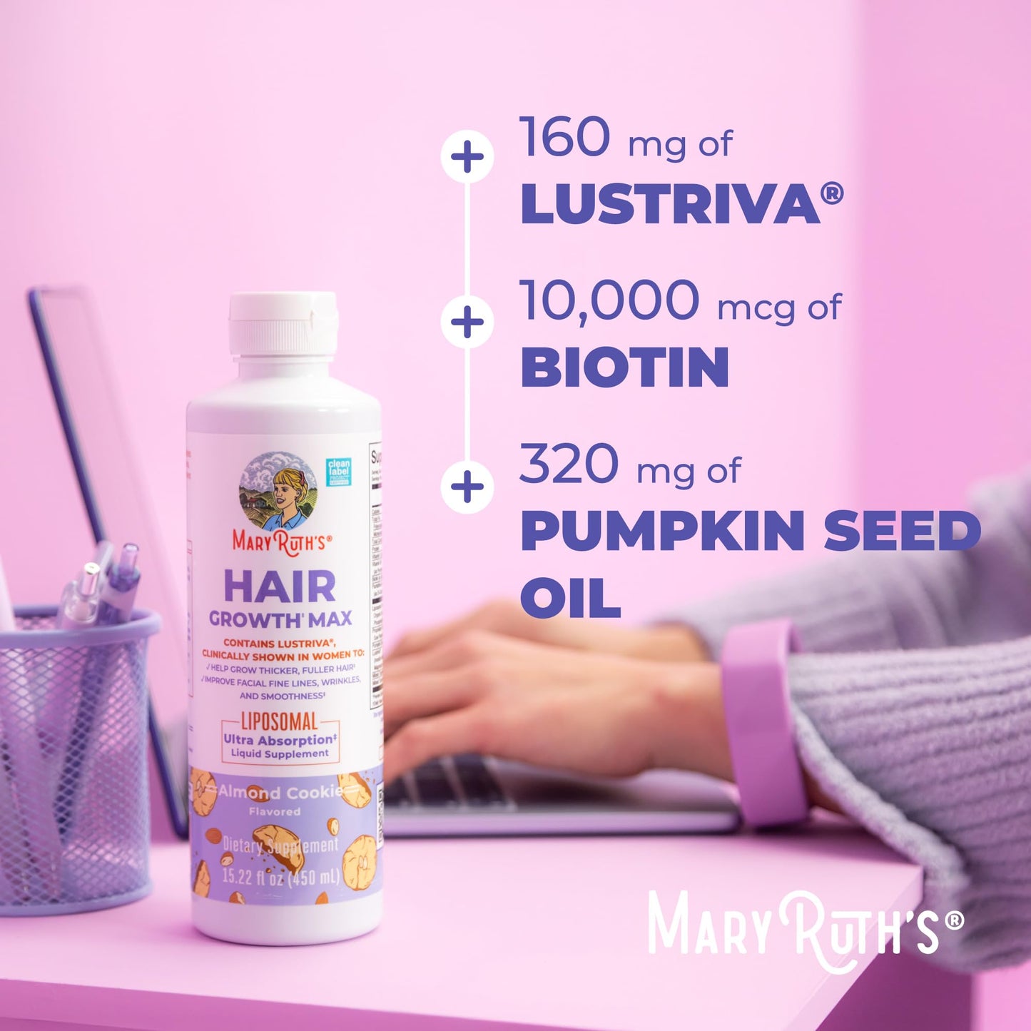 MaryRuth Organics Women's Hair Growth MAX Liposomal | with Lustriva® + Biotin 10000mcg + Pumpkin Seed Oil | Thicker Hair | Hair Care | Wrinkles, Fine Lines, Skin Care | Ages 18+ | 15.22 Fl Oz