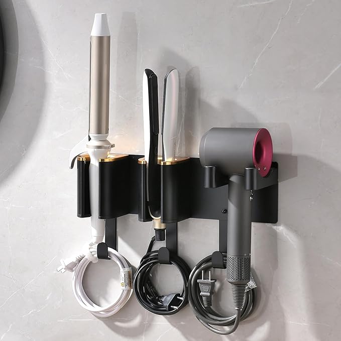 Hair Tool Organizer Wall Mount, Hair Dryer and Curling Iron Storage, Hair Straightener Wall Holder, 3 in 1 Vanity Organizer, Aluminum Alloy (Hair Tools Not Included)