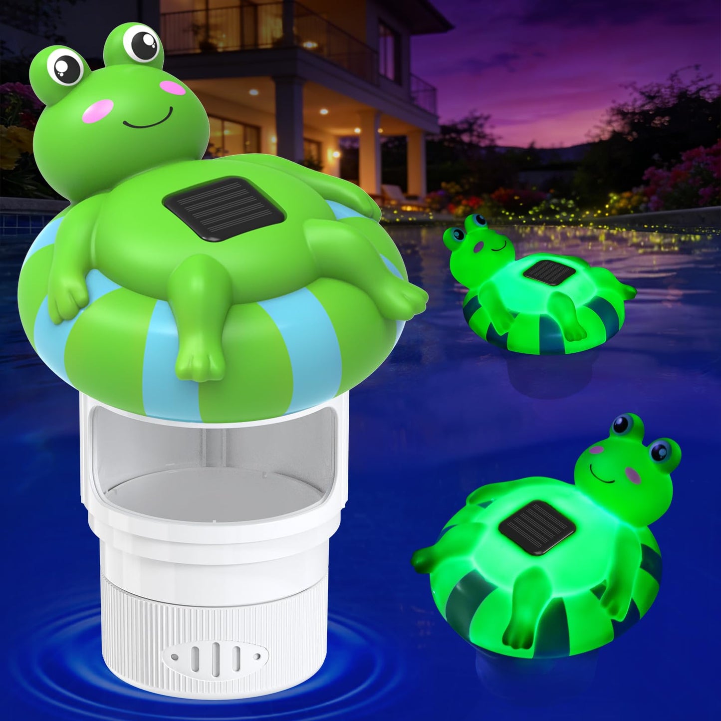 Uekars Solar Frog Pool Chlorine Floater for 3 Inch Tablets, Chlorine Tablet Floater w/Adjustable Release, Glow in Dark, Large Capacity Floating Chlorine Dispenser for Pool, Hot Tub,Spa,Blue-Green,9In