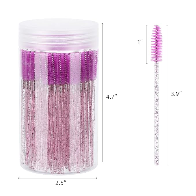 Tbestmax 100 Pcs Disposable Mascara Wands, Crystal Eyebrow Spoolies Brush for Eyelash Extensions, Lash Brushes with Container - Purple