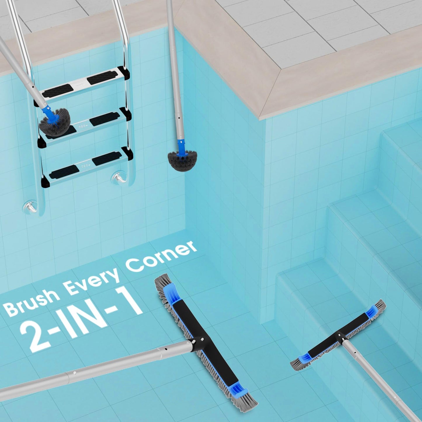 2 in 1 Multifunctional Pool Brush with 10 FT Poles - 17.5'' Heavy Duty Swimming Pool Brush & Multifunctional Brush Head, 10 FT Aluminum Poles, Cleaning Inground & Above Ground Pools, Vinyl Liner