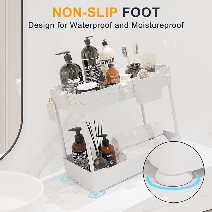 Sevenblue 2 Pack Under Sink Organizer, Under Bathroom Cabinet Organizer with Hooks Hanging Cup, Multi-Purpose Storage Shelf for Kitchen Bathroom (White, 12.8 Inch)