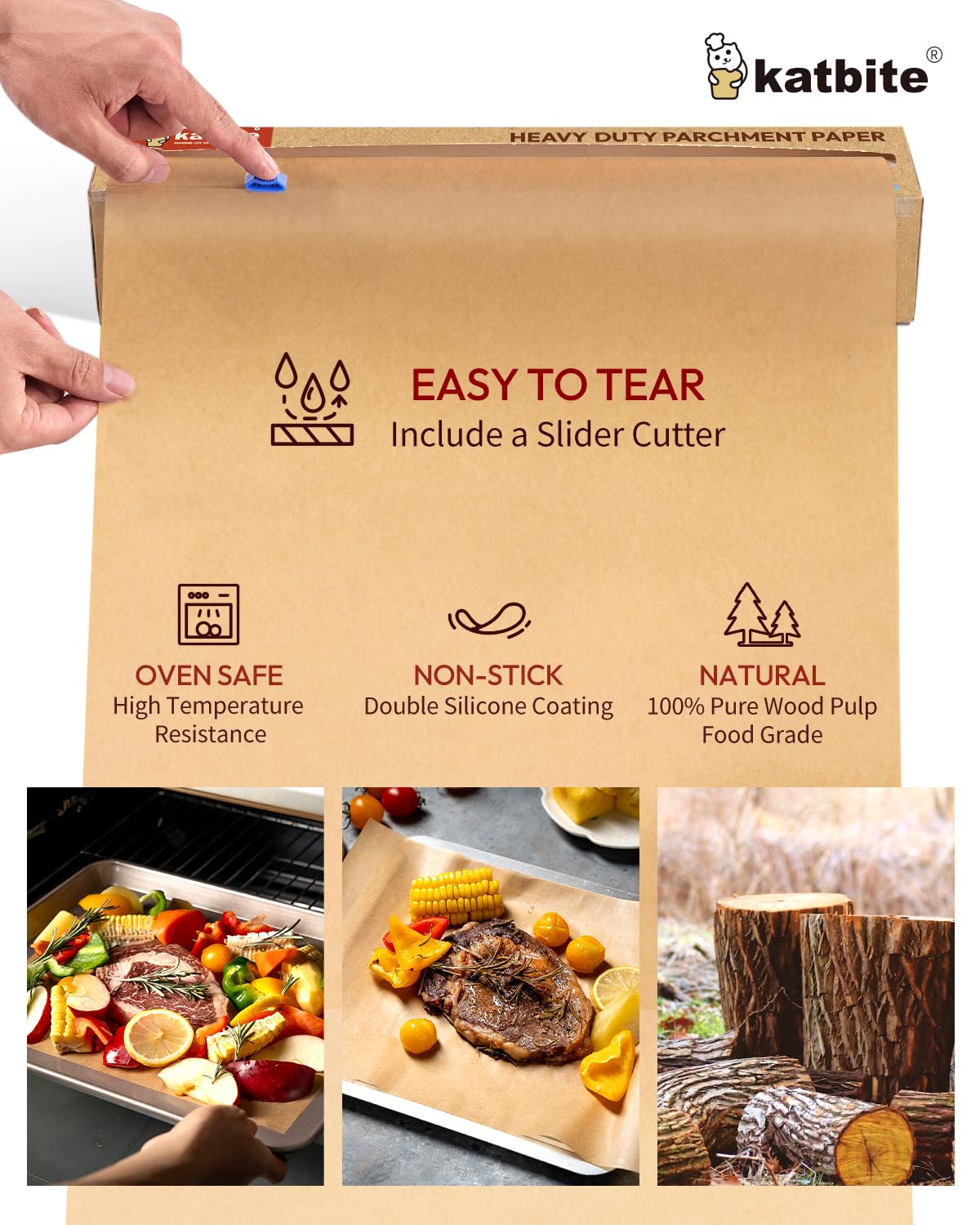 Katbite Unbleached Parchment Paper for Baking, 15 in x 210 ft, 260 Sq.Ft, Heavy Duty Baking Paper with Slide Cutter, Non-stick Brown Parchment Paper Roll for Cooking, Air Fryer, Steaming, Baking Bread