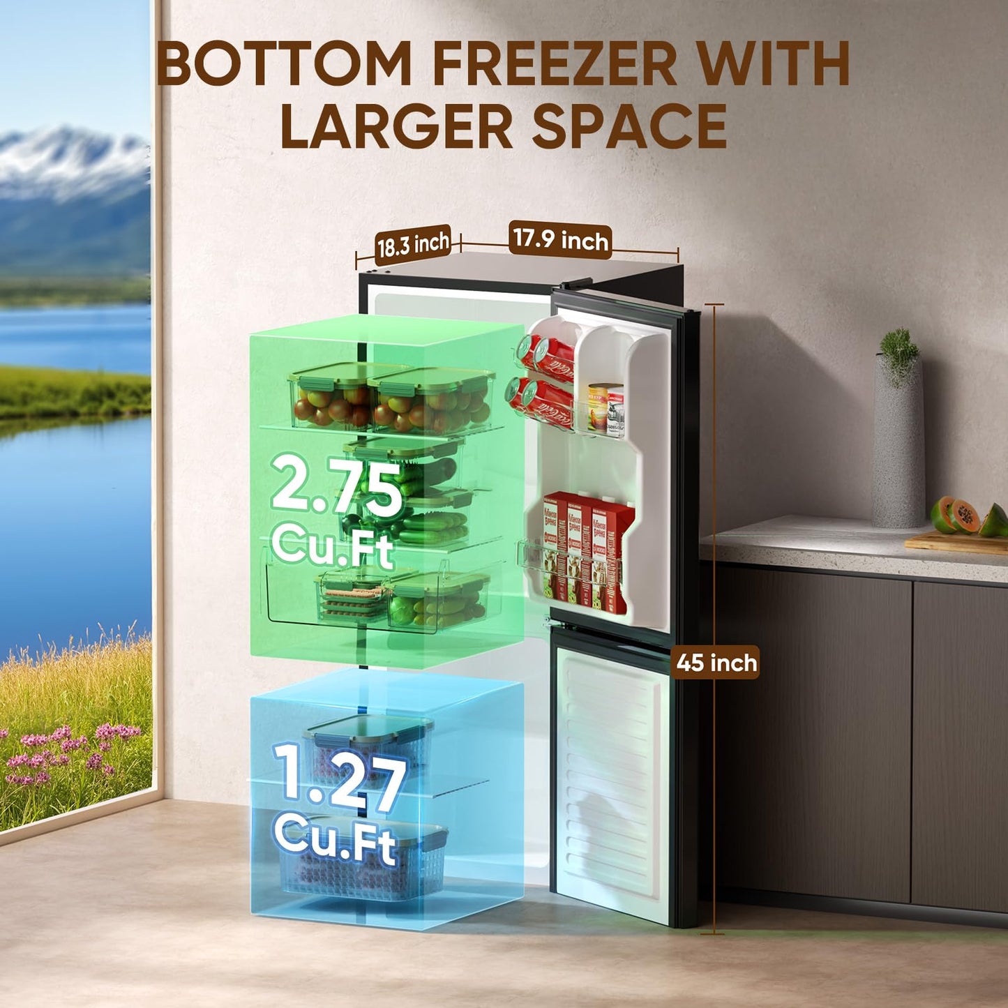 Upstreman 4.0 Cu.Ft Mini Fridge with Bottom Freezer, Double Door Small Refrigerator, Large Capacity Small Fridge with Freezer, Mini Refrigerator for Bedroom, Dorm, Office, BM40 (Black)