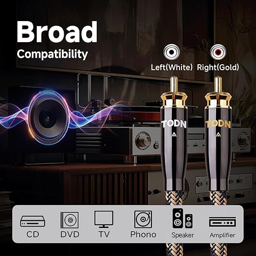 TODN HiFi RCA Cables Audiophile, Double Shielded RCA Cable Male to Male Stereo Audio Cable for Home Theater, Amps, Speakers, (6.5ft/2m, 1 Pair)