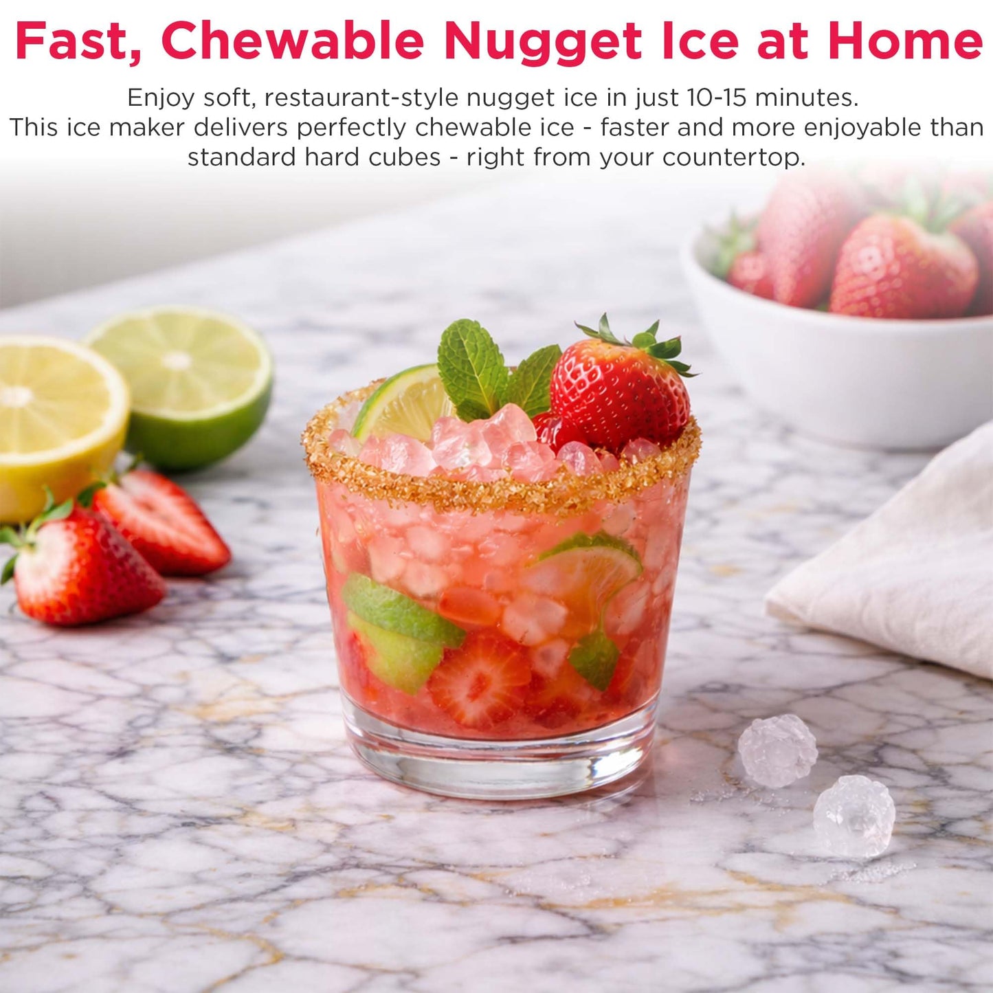 Frigidaire Countertop Crunchy Chewable Nugget Ice Maker, Compact, 33lbs per Day, Metallic Finish