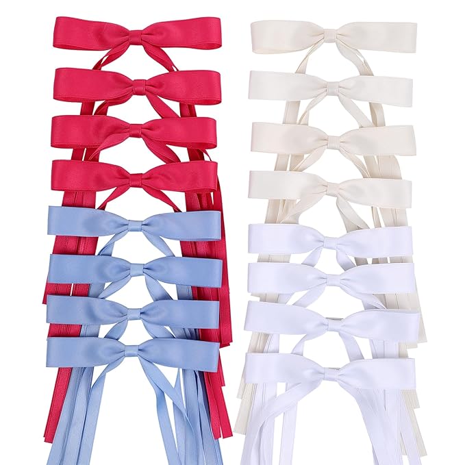 Hair Bows Clips Coquette Ribbon Bowknot with Long Tail Princess Hair Bows French Barrettes Hair Accessories for Women Girls 16PCS (Rose red, Cream,White, Blue)