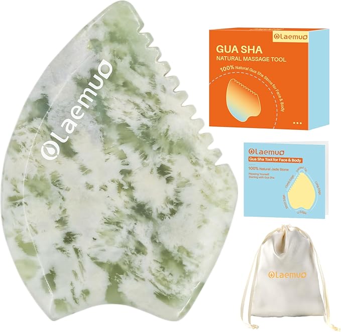 Jade Gua Sha Facial Tool - Face Massager Stone to Lift/Sculpt/Tone/De-Puff, Double Chin Reducer, Jawline Shaper, Lymphatic Drainage Face Sculpting Tool, Natural Translucent Bian Stone