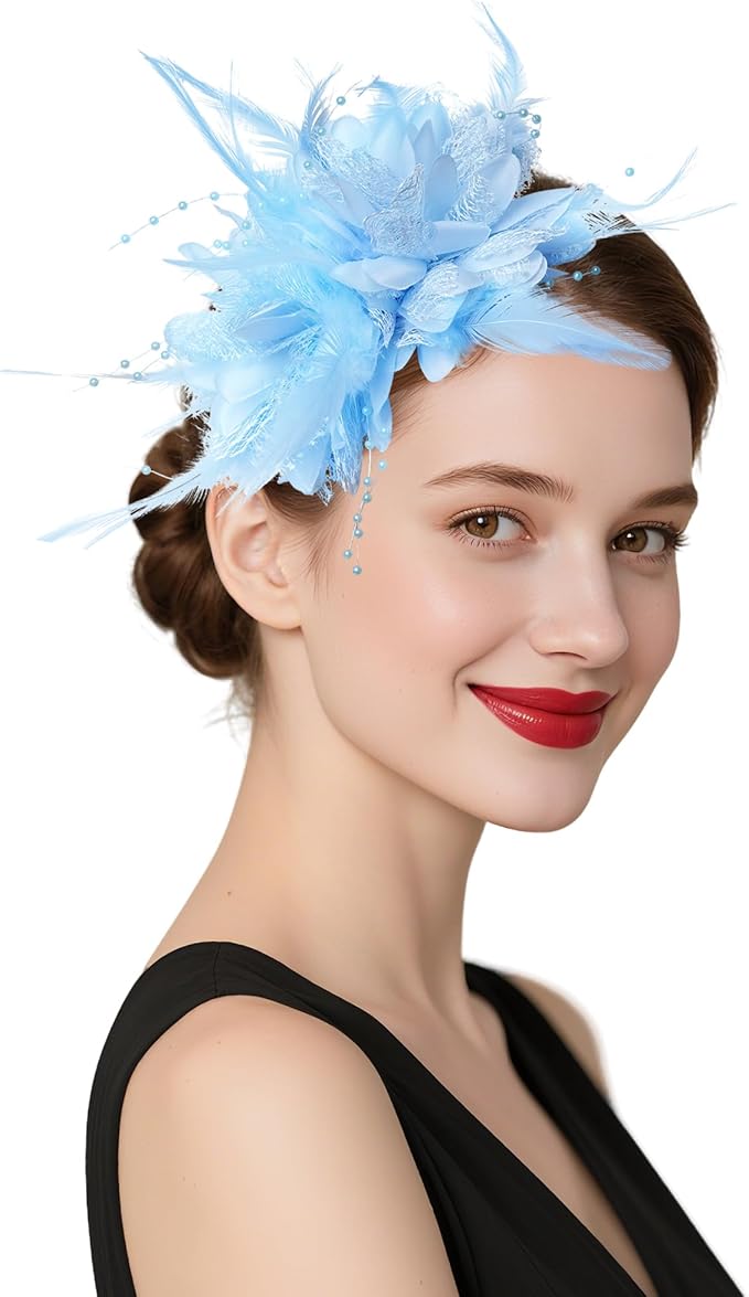 Womens Fascinators Hats Tea Party Hats for Women, Feather Pearl Veil Headband for Wedding Cocktail Dresses Accessories