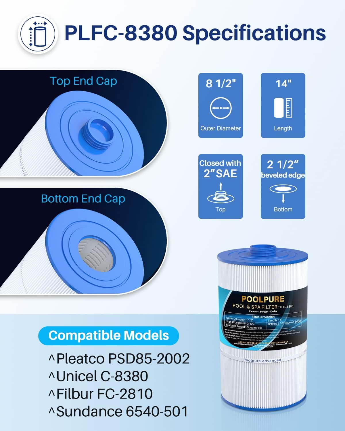 POOLPURE Replacement Filter for Sundance 6540-501, PSD85-2002, Unicel C-8380, Filbur FC-2810, Excel Filters XLS-840, Aladdin 18007, Baleen AK-70031, Magnum SU80, 85 sq.ft Filter Cartridge