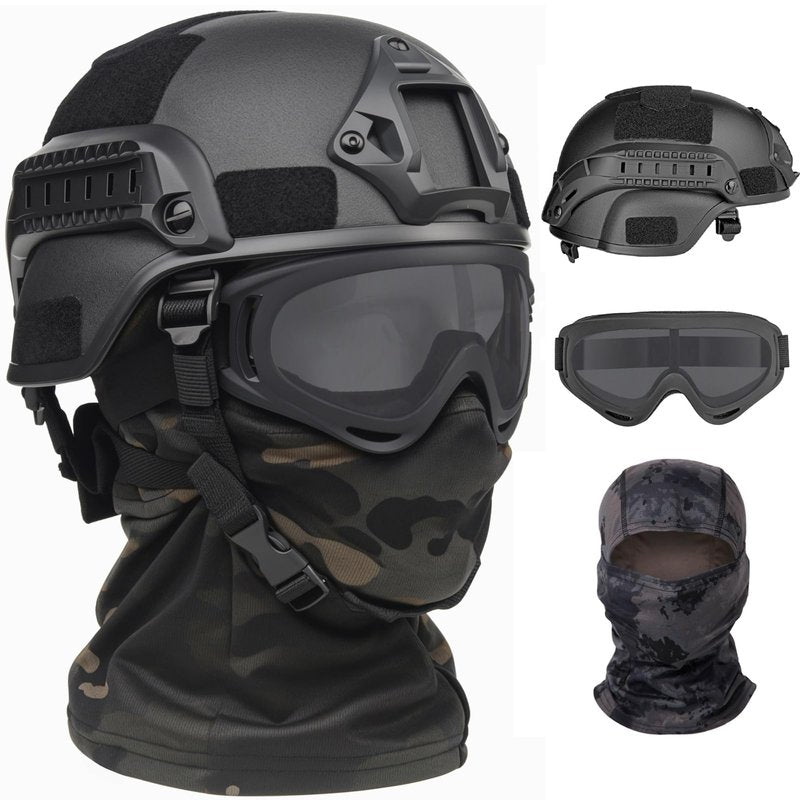 VPZENAR Tactical Airsoft Helmet, Black MICH Helmet with Ear Protection,Paintball Goggles and Balaclava Mask,Military Gear and Equipment