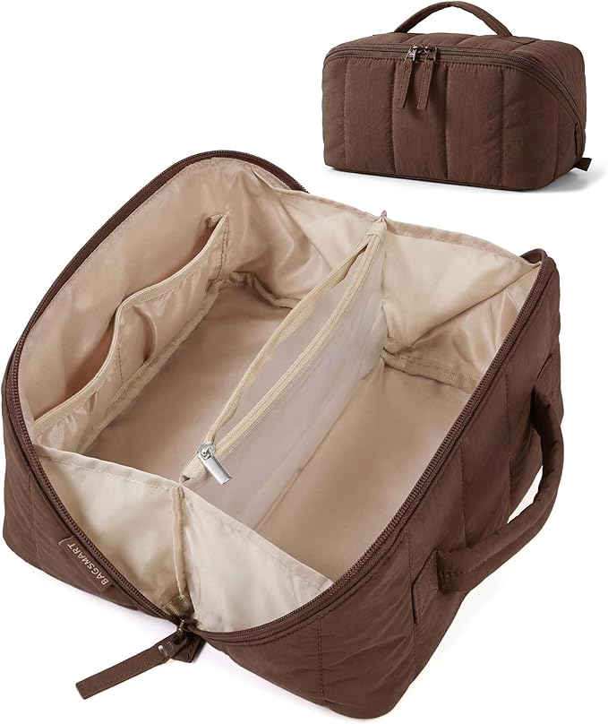 BAGSMART Travel Makeup Bag for Women, Portable Water-resistant Cosmetic Case, Puffy Padded Make Up Organizer Pouch, Open Flat Toiletry Bag for Toiletries, Brushes, Coffee