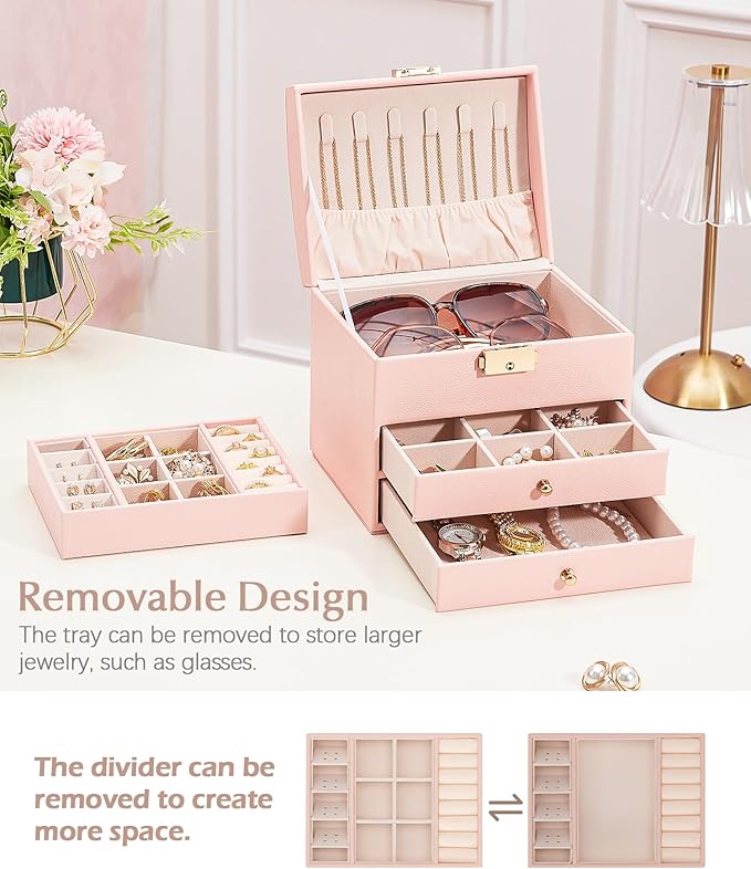 Homde Girls Jewelry Box with Lock: 3 Layer Organizer with Removable Tray - Storage for Ring Necklace Earring - Birthday & Return Gifts for Young Women (Blush Pink)