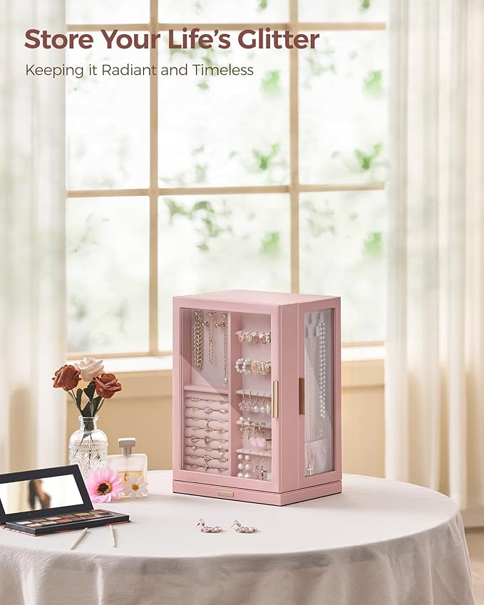 Glimmloop 360ÃÂ° Rotating Jewelry Box with 7 Drawers, Spacious Vertical Jewelry Organizer with Glass Window, Jewelry Storage Case, Dustproof & Moisture-resistant Design, Pink