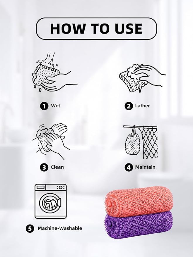 Cleangor 2Pcs African Net Sponge Authentic with Knots - Exfoliating Body Scrubber for All Skin Types, African Bath Sponge, Wash Cloth, Gentle Exfoliation Shower Rag for Women Daily Use(Pink & Purple)